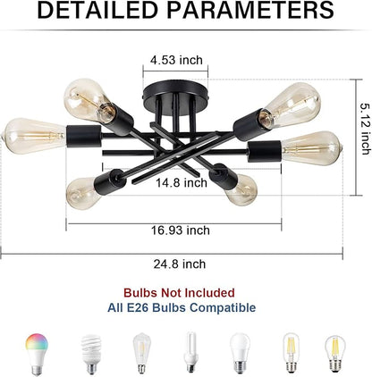Sputnik Chandeliers, Modern Semi Flush Mount Ceiling Light with E26 Base, Mid Century Industrial Kitchen Farmhouse Light Fixtures for Bedroom Living Room (Black, Ceiling 6 Lights)
