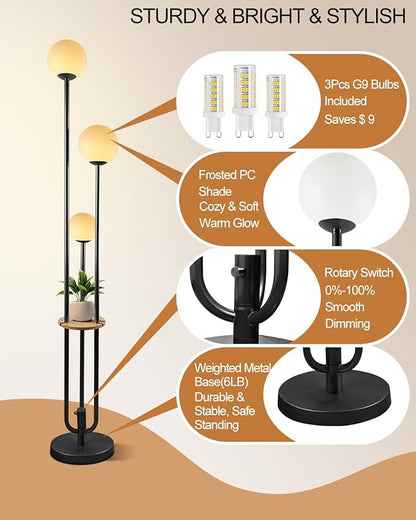 63IN Black Floor Lamp with Shelf Mid Century Modern Tall Standing Lamps with 3000K Warm White Bulb Included Dimmable Globe Floor Lamp with 5Lbs Heavy Base for Living Room/Bedroom/Home Decor