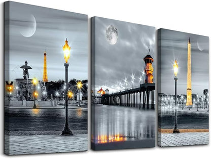 MHARTK66 Family Bedroom Wall Decor Canvas Wall Art for Living Room Modern Wall Decorations for office Black and white Night view light Paintings Kitchen Hang Pictures Artwork Home Decoration 3 Pieces