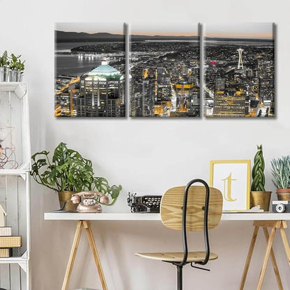 TUMOVO American Cityscape Canvas Paintings Wall Art 3 Pieces Downtown Seattle Skyline in Seattle Washington Skyscrapers Bedroom Decor Wall Art Framed Ready to Hang (36" Wx16 H)
