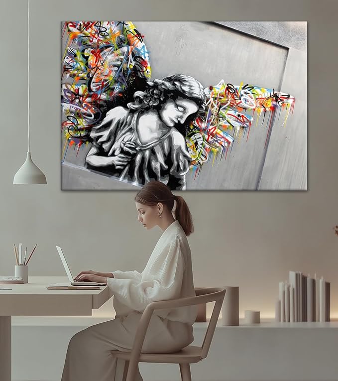 Yatsen Bridge Colorful Graffiti Wings Canvas Wall Art Banksy Art Print Street Artwork Angel Wall Decor for Living Room Bedroom Home Decoration Framed Ready to Hang 28x44inch
