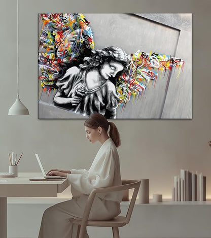 Yatsen Bridge Colorful Graffiti Wings Canvas Wall Art Banksy Art Print Street Artwork Angel Wall Decor for Living Room Bedroom Home Decoration Framed Ready to Hang 28x44inch