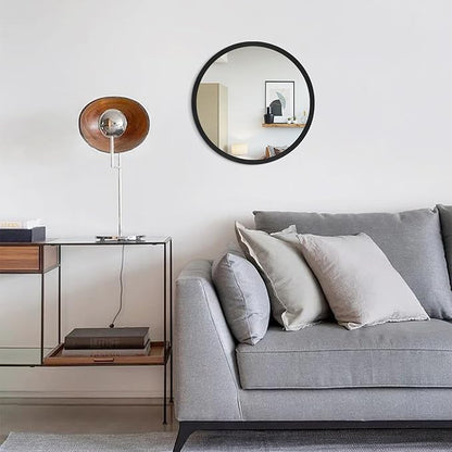 JJUUYOU Round Wall Mirror 16", Hanging Circle Mirror Round Black Mirror for Bathroom Wooden Farmhouse Frame Mirror for Bedroom, Living Room or Entryway Wall Decorative