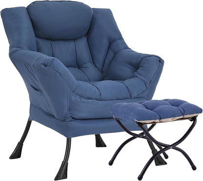 Lazy Chair with Ottoman, Large Royal Blue Accent Chair with Ottoman, Comfy Reading Armchair, Leisure Sofa Chair for Living Room, Bedroom, Dorm Room, Office