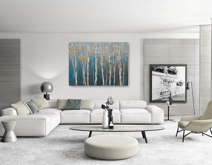 Yihui Arts Canvas Wall Art White Grey Birch Trees Branches Painting Gold Foil Leaves Pictures, Modern One Framed Large Size for Living Room Bedroom Home Office Decor
