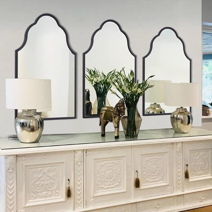 Chende Black Bathroom Mirror for Over Sink, 32"X20" Arched Mirrors with Scalloped Wooden Frame, Elegant Decorative Mirror for Living Room, Dining Room, Entryway
