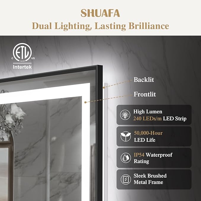 72X40 Inch LED Bathroom Mirror with Lights, Black Frame Frontlit+ Backlit Bathroom Vanity Mirror for Wall, Ultra-Clear Tempered Glass, Shatter-Proof, Anti-Fog and Memory Function, ETL Listed