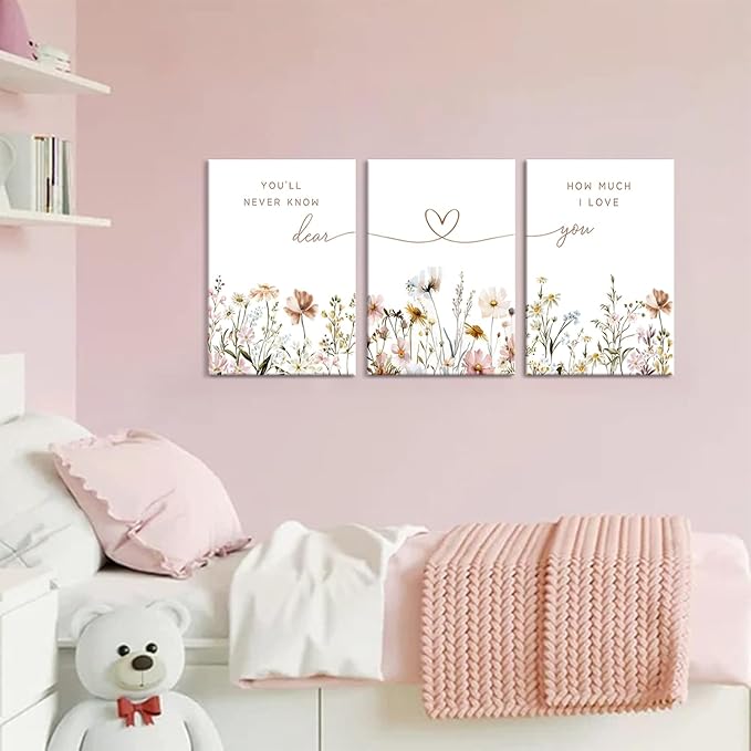 3Pcs Wildflower Nursery Canvas Wall Art Flower Botanical Sentence Poster Painting Picture Wall Decor Boho Girl Nurseries Print Artwork for Nursery Baby Room Living Room Bedroom Home Decoration16x24in