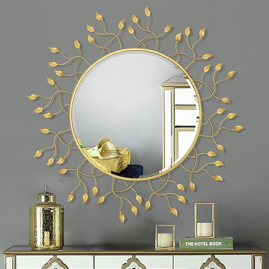 Chende 32" x 32" Large Mirror for Living Room Decor, Round Wall Mirror with Metal Leaves, Beveled Decorative Mirror for Entryway, Dining Room, Bedroom
