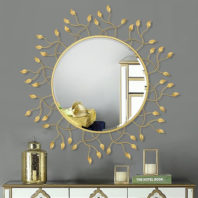 Chende 39" x 39" Gold Decorative Wall Mirror, Large Round Mirror with Metal Leaves, Gold Frame for Living Room, Entrance, Dining Room, Bedroom