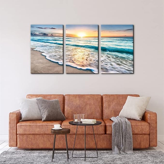 Pacimo 3 Panels Beach Canvas Wall Art for Home Decor Blue Sea Sunset White Beach Painting The Picture Print on Canvas Seascape The Pictures for Home Decor Decoration Ready to Hang - 16"x24"x3 Panels