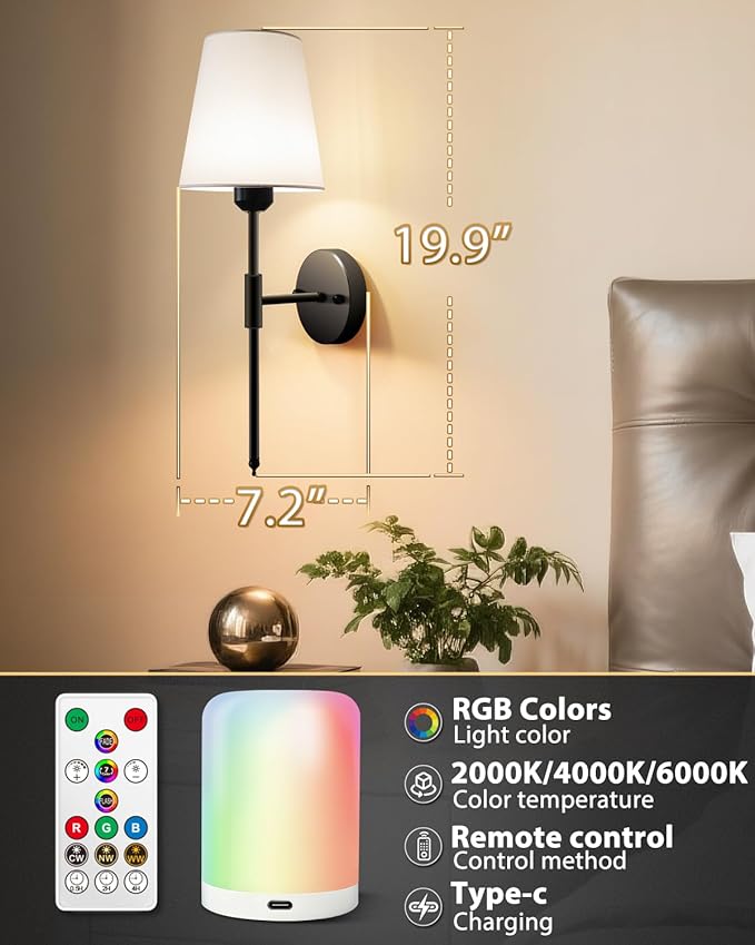 Adetu Battery Operated Wall Sconce Set of 2, Gold Wireless Battery Wall Lights with 10000mAh RGB Dimmable Magnetic Bulbs and Remote Control, Rechargeable Wall Sconce for Bedroom Living Room Hallway