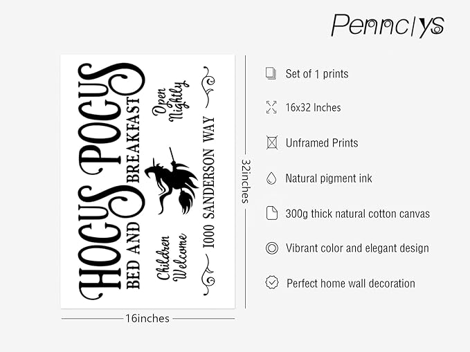 Pennclys Halloween Wall Art Prints Hocus Pocus Art Poster Halloween Canvas Pictures Wall Decor Vintage Farmhouse Artwork Painting for Bathroom Room Decoration 16x32 Inch (No Frame)