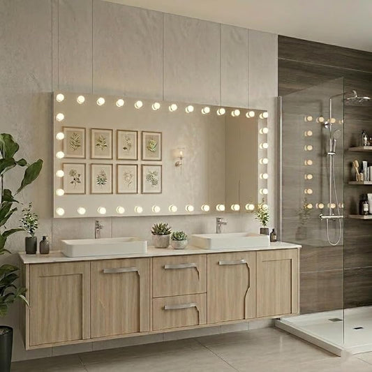 WTTY 84"x32" Hollywood Vanity Mirror with Lights, Wall-Mounted Makeup Mirror with 3 Color Temperatures, Stepless Dimmable Bulbs, Anti-Fog & Shatter-Proof