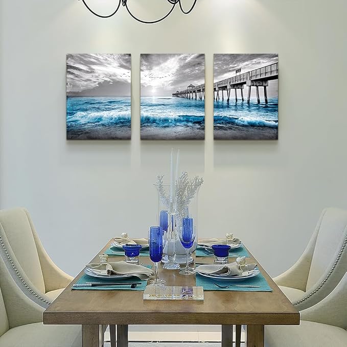 DZRWUBHS Wall Decorations For Living Room 3 Piece Framed Canvas Wall Art Black And White Wall Painting Blue Ocean Sea Wave Pictures