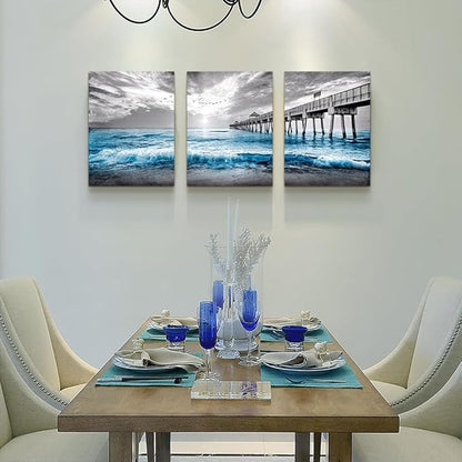 DZRWUBHS Wall Decorations For Living Room 3 Piece Framed Canvas Wall Art Black And White Wall Painting Blue Ocean Sea Wave Pictures