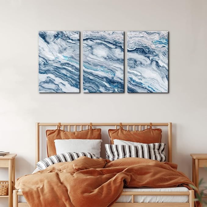Abstract Wall Art Bedroom Wall Décor 3 Piece Blue Beach Ocean Picture Coastal Theme Nautical Sea Wave Canvas Prints on Canvas Seascape Modern Artwork for Home Living Room Office - 16"x24"x3 Panel