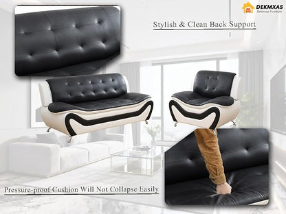 Living Room Sofa Set, 2PCS Living Room Furniture Sets, Faux Leather Couches, Black&White Sofa and Chair for Bedroom, Apartment
