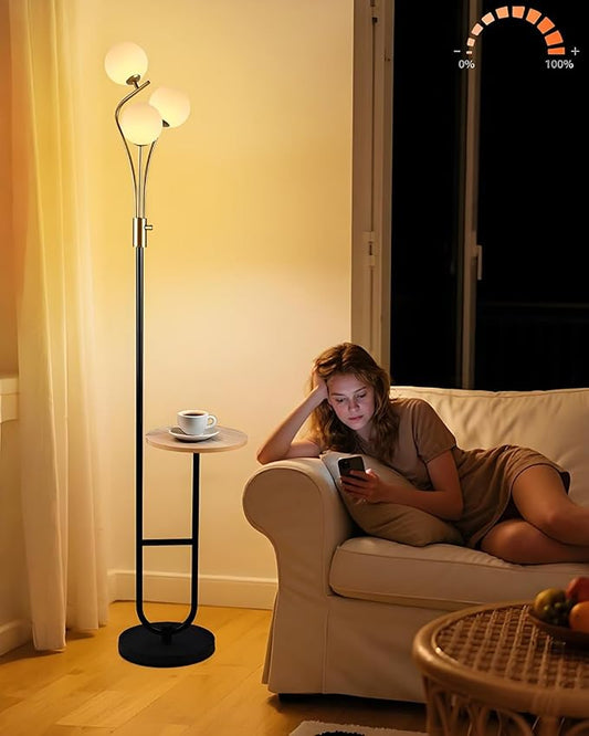 Lightdot Dimmable Gold &Black Floor Lamp with Tray 65IN Mid Century Standing Lamps with Shelf, 3000K Warm White Bulbs Included, Modern Globe Floor Lamp for Living Room/Bedroom/Sofa Beside/Corner Decor