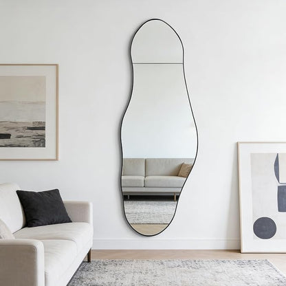 Irregular Mirror Full Length, 63"x22.5" Large Asymmetrical Mirror with Black Metal Frame, Abstract Wall Mirrors for Living Room Bedroom Hallway Entryway, Hangs Vertically or Horizontally