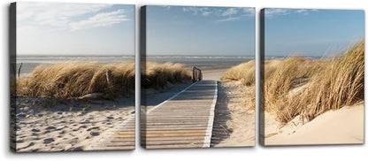 Pacimo Coastal Beach Canvas Wall Art - Pathway to Shoreline Artwork Painting on for Home Decor Oceanside Sea Grass Modern Prints Framed Ready Hang 12''x16''x3 Panel,(Wallart-3P-ER-10)