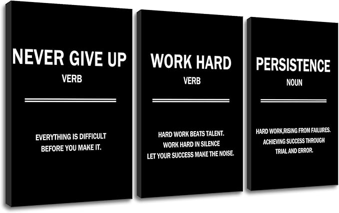 3 Pieces Motivational Canvas Wall Art Never Give Up Persistence Work Hard Success Quotes Inspirational Signs Posters Print for Home Bedroom Teens Room Gym Stretched and Framed [48''W x 24''H]