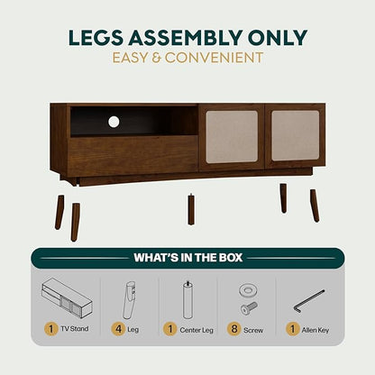 Calista TV Stand 1 Drawer 2 Door – Chestnut Finish Media Console with Open Shelf & Fabric Panel Doors, Mid-Century Modern Style with Tapered Legs, Easy Assembly