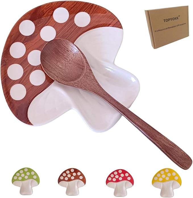 Ceramic Spoon Rest for Stove Top & Kitchen Counter Spoon Holder for Stove & Cooking Spoon Holder for Ladle Cute Spoon & Utensil Rest Spatula Rest, Mushroom Kitchen Decor & Accessories (Rustic Brown)