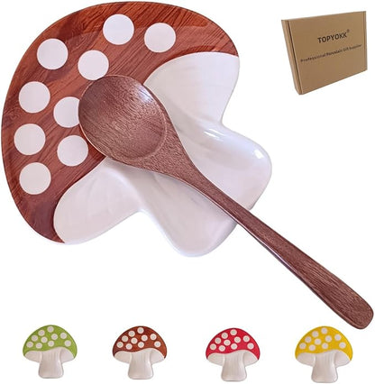 Ceramic Spoon Rest for Stove Top & Kitchen Counter Spoon Holder for Stove & Cooking Spoon Holder for Ladle Cute Spoon & Utensil Rest Spatula Rest, Mushroom Kitchen Decor & Accessories (Rustic Brown)