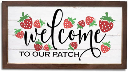 Strawberry Welcome Sign, Rustic Hanging Wood Signs, Wall Decor Art, Farmhouse Home Garden Yard Decors, Wooden Framed Wall Decor, Welcome to Our Patch Sign 15×7.5×0.3 inches
