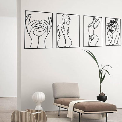 Glamativity 4 Pack Black Wall Art Décor, Minimalist Décor Single Line Art Wall Décor, Real Metal Wall Art, Woman's Body Shape Abstract Wall Art, for Kitchen Bedroom Living Room