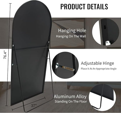 Beauty4U 76" x 37" Arched Full Length Mirror with Stand, Large Floor Mirror for Bedroom & Living Room, HD Tempered Glass Wall Mounted or Leaning Dressing Mirror, Black Metal Frame