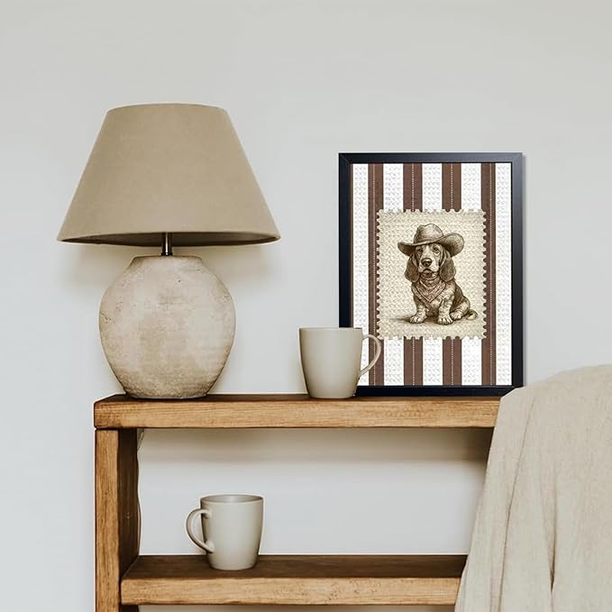 Vintage Cowboy Dog Wall Art, Western Basset Hound Canvas Print, Farm Rustic Country Animal Wall Decor, Southwestern Poster Oil Painting for Living Room Bedroom Nursery Office 12x16 Inch Framed