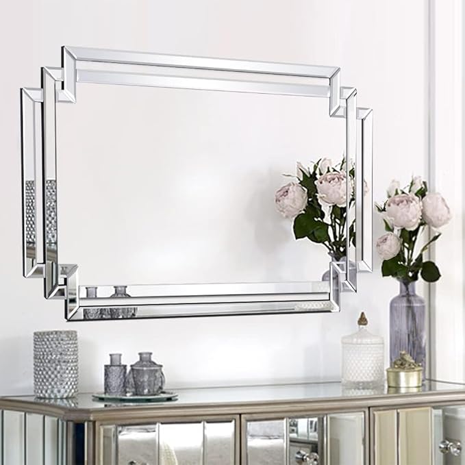 Rectangular Large Decorative Wall Mirror with Mirrored Frame, 28" X 40" Modern Large Bathroom Mirror with Glass Pieces and Beveled Edge, Hang Horizontally or Vertically