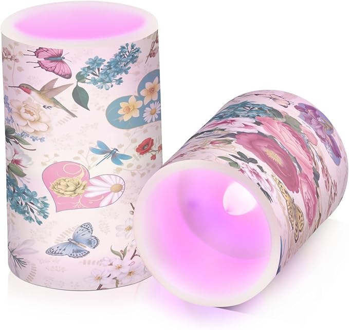 Beautiful Spring Flowers Butterflies Hummingbirds Flickering Flameless Candles Battery Operated with Remote Timer,Tea Light Candles LED Pillar Votive Candles set of 2 for Outdoor Indoor Decorations