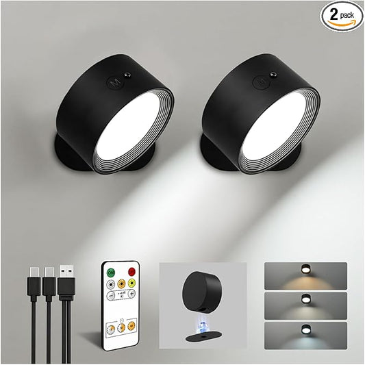 LED Wall Mounted Lights, Rechargeable Wall Sconces Lamp, 3 Color Temps & Remote and Touch, 360°Rotation Dimmable Cordless Wall Light for Study Bedroom Reading Bedside(Black, 2 Pack)
