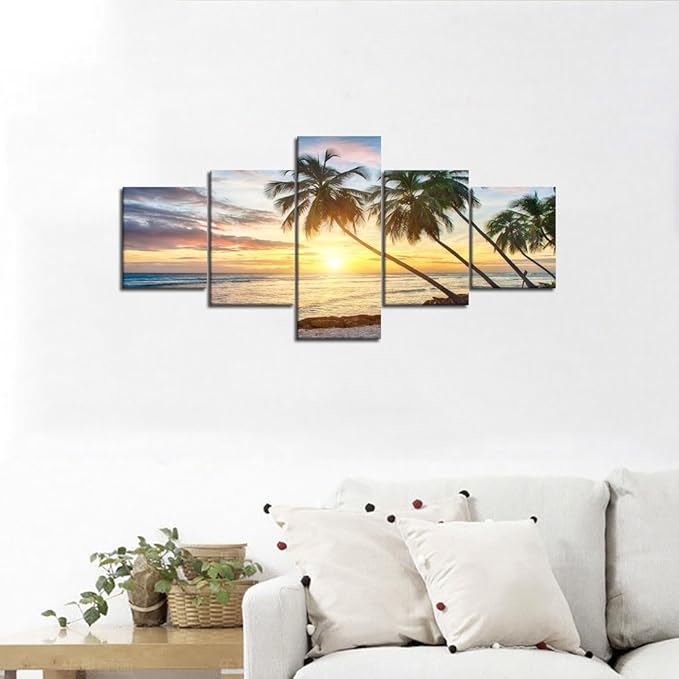 Modern Beach Painting Beautiful Sunset Landscape Ocean Pictures Framed Stretched for Living Room Home Decor Posters and Prints Seascape Wall Art Painting on Canvas 5 Panels (50''W x 24''H)