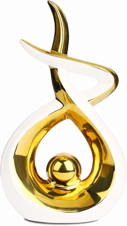 Querro Modern Abstract Ceramic Statue - Elegant White & Gold Decor for Home Living Room, Dining Table Centerpiece & Office Shelf | Luxury Aesthetic Sculpture(Small)