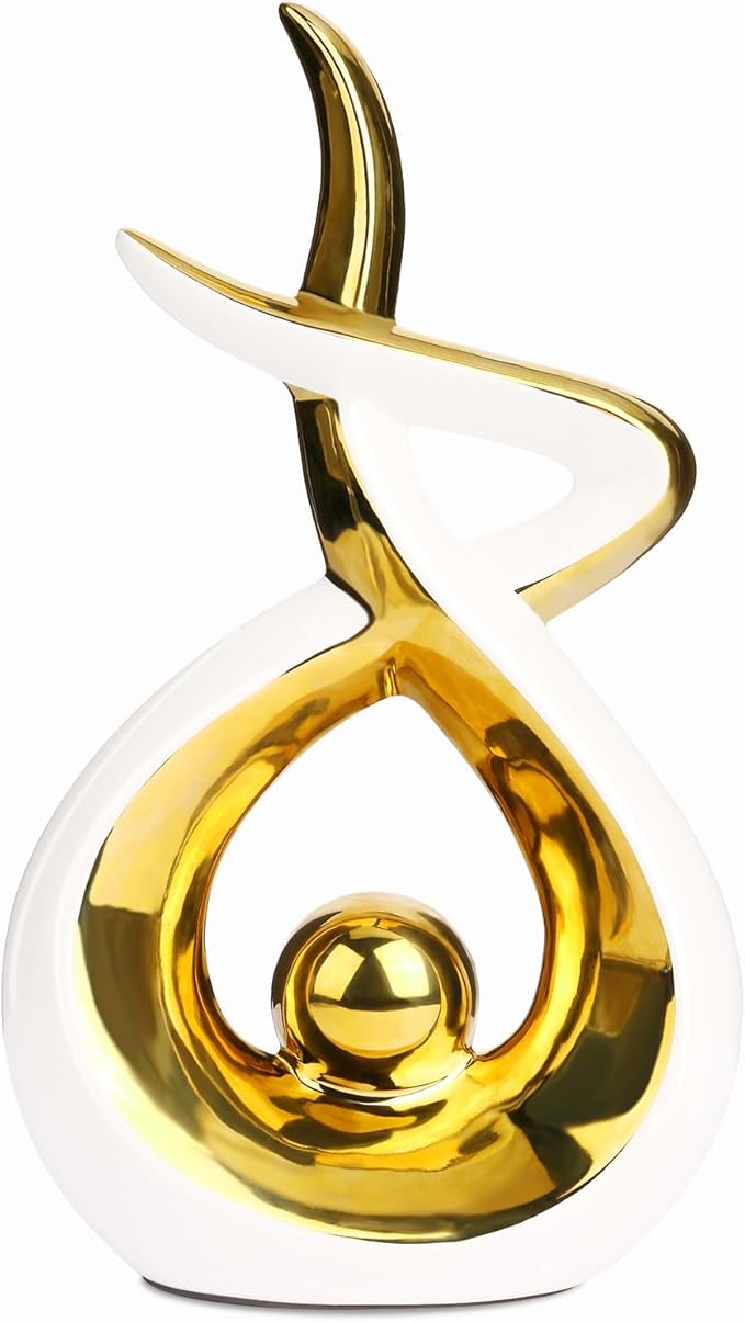 Querro Modern Abstract Ceramic Statue - Elegant White & Gold Decor for Home Living Room, Dining Table Centerpiece & Office Shelf | Luxury Aesthetic Sculpture (Large)