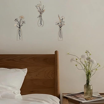 RISCORIO 3 Pieces Flower Wall Decor Minimalist Wall Art, Metal Flowers Wall Arts for Dining Room, Living Room, Bedroom, Bathroom, Kitchen, Rustic Farmhouse Decor, Brown