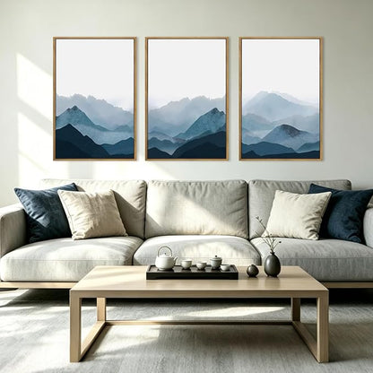BINCUE Framed Blue Mountain Wall Decor Fog Blue Ridge Mountains Wall Art Minimalist Landscape Artwork Simple Blue Pictures Modern Mountain Wall Paintings for Living Room Bedroom Office 16x24 Inches Set of 3 Gift