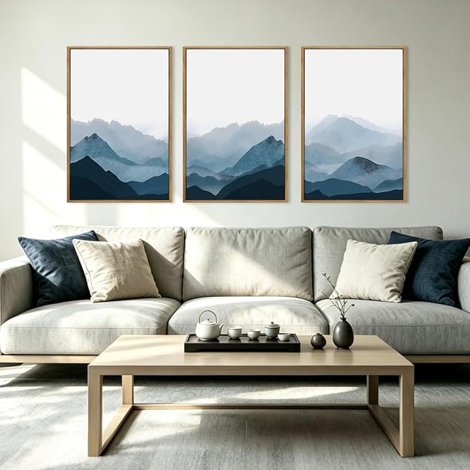 BINCUE Large Blue Mountain Wall Art Fog Blue Ridge Mountains Artwork Framed Minimalist Mountains Wall Decor Simple Mountain Art Print Landscape Artwork for Living Room Bedroom Office Farmhouse 24x36 Inch Set of 3 Gift
