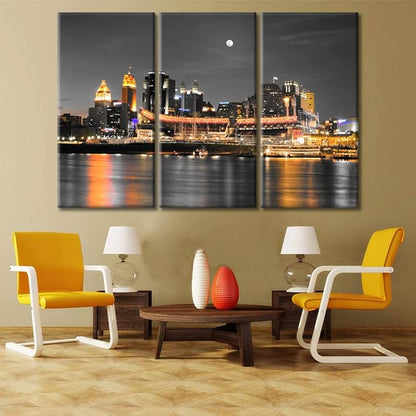 Cincinnati Ohio City Skyline Modern Home Decor American Cityscape Pictures Wall Art for Bedroom, Living Room, Office. 3 Panels Skyscrapers House Decor Ready to Hang (60" Wx40 H)