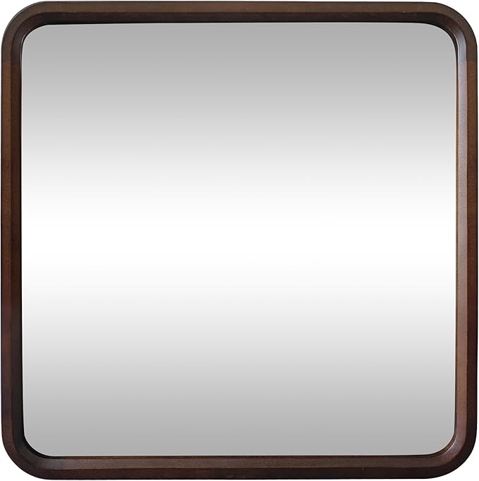 Wood Bathroom Mirror for Wall,Rectangle 30 x 30 inch Hanging Vanity Brown Tempered Mirrors with Rounded Corner for Living Room,Bedroom,Entryway