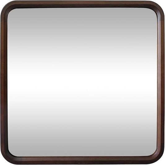 Wood Bathroom Mirror for Wall,Rectangle 30 x 30 inch Hanging Vanity Brown Tempered Mirrors with Rounded Corner for Living Room,Bedroom,Entryway
