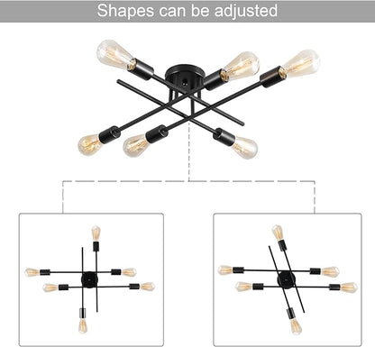 Sputnik Chandeliers, Modern Semi Flush Mount Ceiling Light with E26 Base, Mid Century Industrial Kitchen Farmhouse Light Fixtures for Bedroom Living Room (Black, Ceiling 6 Lights (Lengthen))