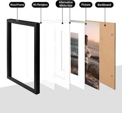 KINLINK 12x16 Picture Frame Black, Solid Wood Frames with Acrylic Plexiglass for Pictures 11x14/9x12 with Mat or 12x16 without Mat,Wall Display Photo Frame, Set of 4