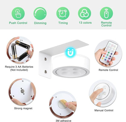 2Pcs Picture Lights for Wall, 13 Color RGB Magnetic Led Art Display Light for Picture Frame, Wireless Battery Operated Painting Light with Remote Control, Party Home Wall Decor Puck Lights, White