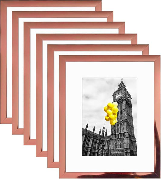 8x10 Picture Frame Set of 6 Rose gold with Plexiglass, Display Pictures 5x7 with Mat or 8x10 Without Mat for Tabletop Display and Wall Mounting