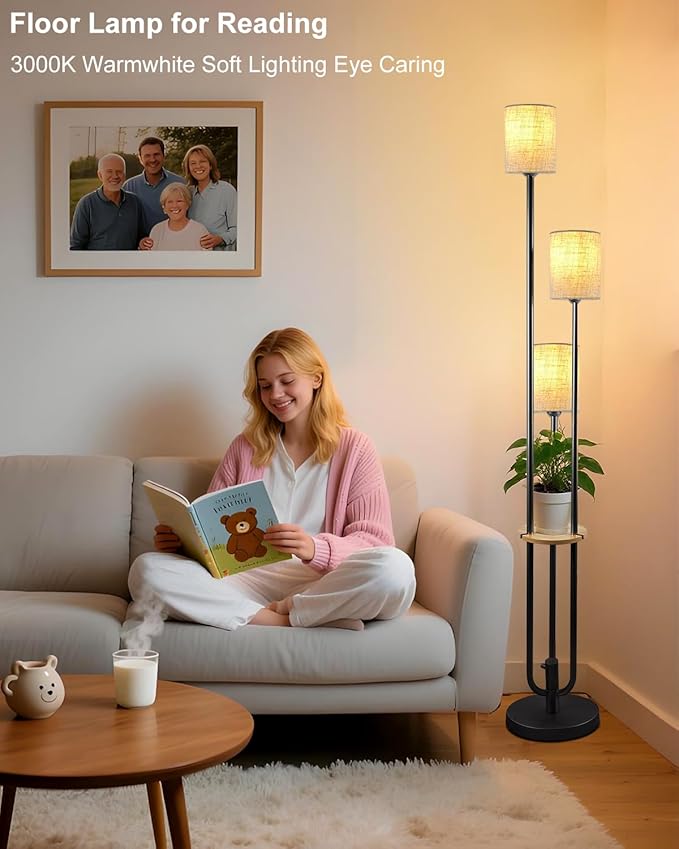 63IN Dimmable Floor Lamp with Shelf, Unique Black Tall Standing Lamps with Table, 3000K Warmwhite Mid Century Modern Floor Lamp with 5Lbs Heavy Base for Living Room/Bedroom (Bulbs Included)